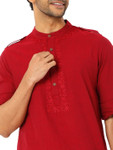 Men's Fire Red Kurta Tunic with Mandarin Collar and Shoulder Straps | Collar Zoom Up Men's Fire Red Kurta Tunic with Mandarin Collar and Shoulder Straps | Collar Zoom Up