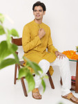 Men's Turmeric Yellow Kurta Tunic with Embroidered Dobby Texture | Natural View