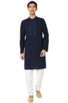 Men's Navy Blue Kurta Tunic with Embroidered Placket and Yoke Festive | Zoom Out