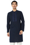 Men's Navy Blue Kurta Tunic with Embroidered Placket and Yoke Festive | Main View