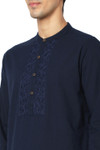 Men's Navy Blue Kurta Tunic with Embroidered Placket and Yoke Festive | Collar Zoom In