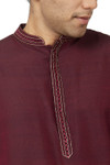 Men's Wedding Burgundy Kurta Tunic with Embroidered Banded Collar and Placket | Collar Close Up Men's Wedding Burgundy Kurta Tunic with Embroidered Banded Collar and Placket | Collar Close Up