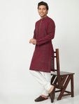 Men's Wedding Burgundy Kurta Tunic with Embroidered Banded Collar and Placket | Natural View Men's Wedding Burgundy Kurta Tunic with Embroidered Banded Collar and Placket | Natural View