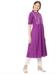 Sitayya Women's Bohemian White Embroidered Yoke A-line Purple Kurta Dress | Left View