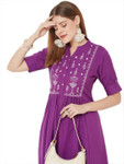 Sitayya Women's Bohemian White Embroidered Yoke A-line Purple Kurta Dress | Display Image