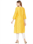 Sitayya Women's Golden Leaf Embroidered Neckline Block Print Sunshine Yellow Kurta Tunic | Back View