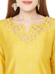 Sitayya Women's Golden Leaf Embroidered Neckline Block Print Sunshine Yellow Kurta Tunic | Close-up View
