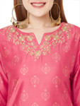 Sitayya Women's Golden Leaf Embroidered Neckline Block Print French Pink Kurta Tunic | Close-up View