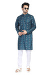In-Sattva Men's Cotton Folk Print Banded Sattva-Collar Knee-Length Kurta Tunic; Vintage Blue In-Sattva Men's Cotton Folk Print Banded Sattva-Collar Knee-Length Kurta Tunic; Vintage Blue