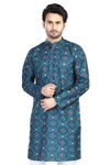 In-Sattva Men's Cotton Folk Print Banded Sattva-Collar Knee-Length Kurta Tunic; Vintage Blue In-Sattva Men's Cotton Folk Print Banded Sattva-Collar Knee-Length Kurta Tunic; Vintage Blue