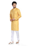 In-Sattva Men's Cotton Folk Print Banded Sattva-Collar Knee-Length Kurta Tunic; Festive Yellow In-Sattva Men's Cotton Folk Print Banded Sattva-Collar Knee-Length Kurta Tunic; Festive Yellow