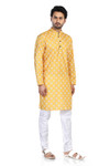 In-Sattva Men's Cotton Folk Print Banded Sattva-Collar Knee-Length Kurta Tunic; Festive Yellow In-Sattva Men's Cotton Folk Print Banded Sattva-Collar Knee-Length Kurta Tunic; Festive Yellow