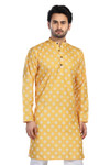 In-Sattva Men's Cotton Folk Print Banded Sattva-Collar Knee-Length Kurta Tunic; Festive Yellow In-Sattva Men's Cotton Folk Print Banded Sattva-Collar Knee-Length Kurta Tunic; Festive Yellow