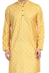 In-Sattva Men's Cotton Folk Print Banded Sattva-Collar Knee-Length Kurta Tunic; Turmeric Yellow In-Sattva Men's Cotton Folk Print Banded Sattva-Collar Knee-Length Kurta Tunic; Turmeric Yellow