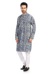 In-Sattva Men's Cotton Folk Print Banded Sattva-Collar Knee-Length Kurta Tunic; Abstract Blue
