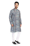 In-Sattva Men's Cotton Folk Print Banded Sattva-Collar Knee-Length Kurta Tunic; Abstract Blue
