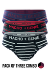 Men's Essentials - Luxe Premium Cotton Striped Briefs - Pack of 3 - Black, Red and Wine