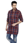 In-Sattva Men's Pullover Pathani Rollup Sleeve Kurta Tunic With Shoulder Strap - Rust Plaid