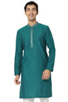 In-Sattva Men's Indian Embroidered Banded Collar and Placket Long Kurta Tunic; Ocean Teal