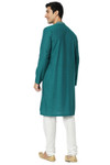 In-Sattva Men's Indian Embroidered Banded Collar and Placket Long Kurta Tunic; Ocean Teal