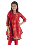 MB Girl's Indian Kurta Tunic Red with Gold Print, Churidar (Pants) and Dupatta (Scarf) – Front MB Girl's Indian Kurta Tunic Red with Gold Print, Churidar (Pants) and Dupatta (Scarf) – Front