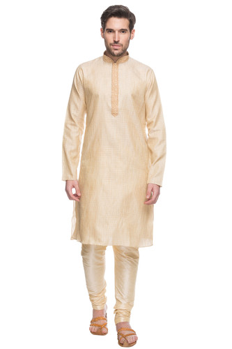 Men's Indian Beige Kurta Tunic Pajama Set With Embroidery
