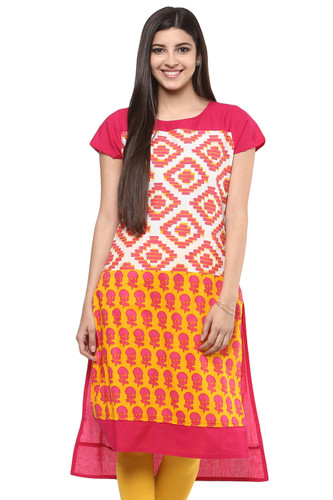 Kurta Tunic Women's Indian Long Pink Cotton Unique Detailing - Front | In-Sattva