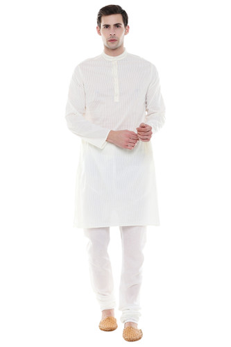 Men's Two-Piece Ensemble - Off White Pure Cotton Kurta Pajama - Full Display | In-Sattva