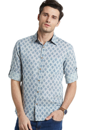 Blue Fitted Button Down Men's Shirt - Vintage Faded Look - Front | In-Sattva