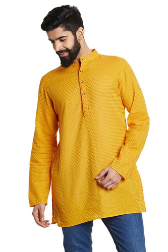 Shatranj Men's Indian Mandarin Collar Summer Sunshine Dobby Print Kurta Tunic Shatranj Men's Indian Mandarin Collar Summer Sunshine Dobby Print Kurta Tunic