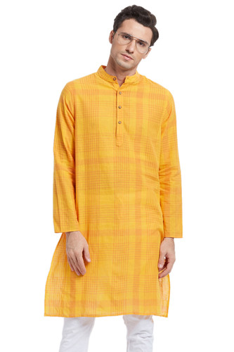 Indian Men's Kurta Tunic: Yellow with Checkered Print - Front | In-Sattva Indian Men's Kurta Tunic: Yellow with Checkered Print - Front | In-Sattva