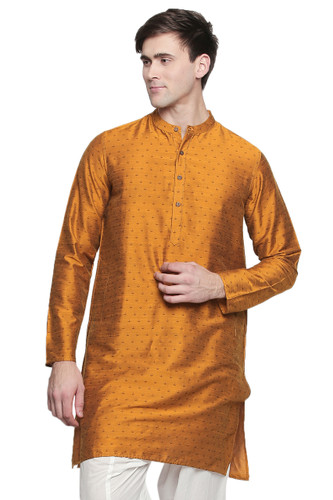 Men's Indian Long Kurta Tunic : Mustard - Back | In-Sattva