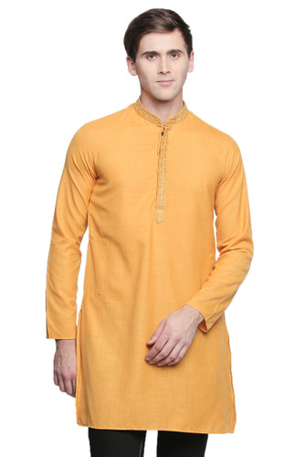 Men's Indian Kurta Tunic: Mustard with Embroidered Placket - Front | In-Sattva