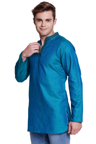 Shatranj Men's Band Collar Classic Teal Kurta Tunic With Embroidered Placket