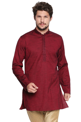 Shatranj Men's Indian Banded Collar Classic Kurta Tunic With Embroidered Placket Maroon