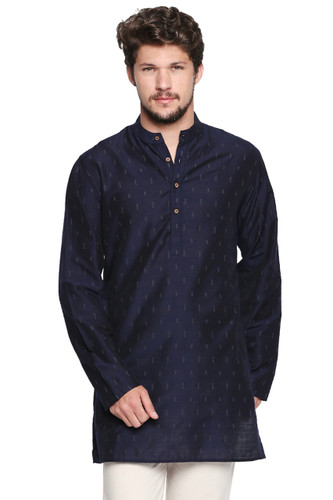 Shatranj Men's Indian Banded Collar Mid-Length Tunic Kurta Micro Dobby Pattern Navy Shatranj Men's Indian Banded Collar Mid-Length Tunic Kurta Micro Dobby Pattern Navy