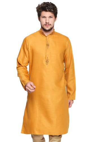 Shatranj Men's Indian Classic Collar Long Kurta Tunic with Embroidered Placket Mustard