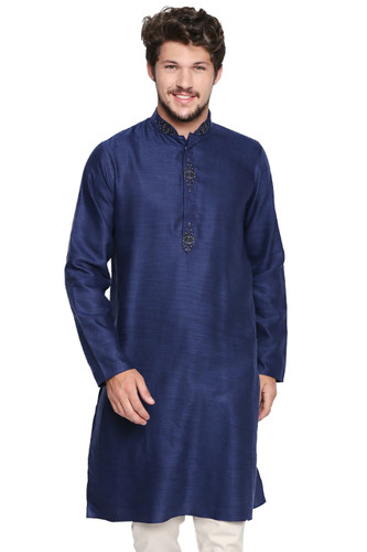 Shatranj Men's Indian Classic Collar Long Kurta Tunic with Embroidered Placket Navy Shatranj Men's Indian Classic Collar Long Kurta Tunic with Embroidered Placket Navy