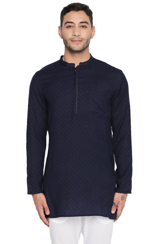 Shatranj Men's Indian Mandarin Collar Handcrafted Dobby Embroidered Kurta Tunic Navy Shatranj Men's Indian Mandarin Collar Handcrafted Dobby Embroidered Kurta Tunic Navy