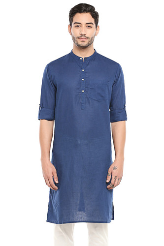 In-Sattva Men's Indian Band Collar Pure Cotton Kurta Tunic with Roll-up Sleeves Blue In-Sattva Men's Indian Band Collar Pure Cotton Kurta Tunic with Roll-up Sleeves Blue