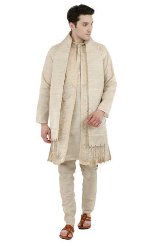 In-Sattva Men's Indian Four-Piece Ensemble Elegant Embroidered Kurta Tunic Pajama Off White In-Sattva Men's Indian Four-Piece Ensemble Elegant Embroidered Kurta Tunic Pajama Off White