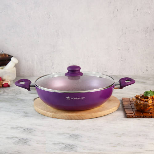 Royal Velvet Non-Stick, PFOA-Free and Nickel-Free Aluminum Indian Chinese Cuisine Stir Fry Wok with Lid, Violet, Side View Royal Velvet Non-Stick, PFOA-Free and Nickel-Free Aluminum Indian Chinese Cuisine Stir Fry Wok with Lid, Violet, Side View