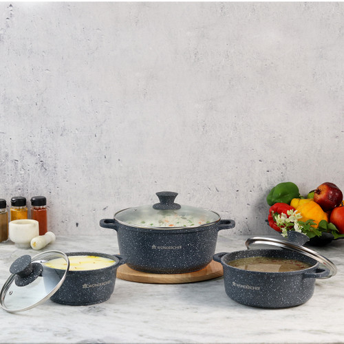 Black Granite Die Cast Casserole Set (3 Casseroles with Lids, 16cm, 20cm, 24cm)