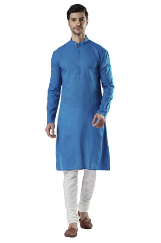 Ethnix Men's Indian Mandarin Collar Pure Cotton Textured Kurta Tunic Pajama Set Blue