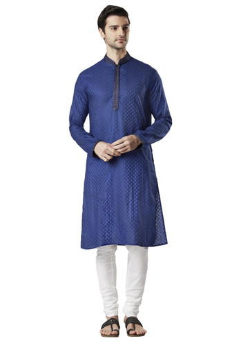 Ethnix Men's Indian Royal All-Over Embroidered Festive Kurta Tunic Pajama Set Navy Blue