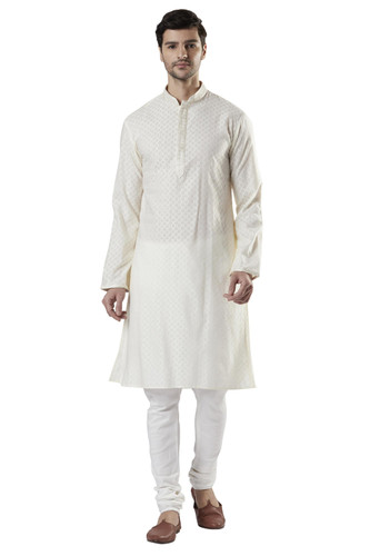 Ethnix Men's Indian Royal All-Over Embroidered Festive Kurta Tunic Pajama Set Royal Cream