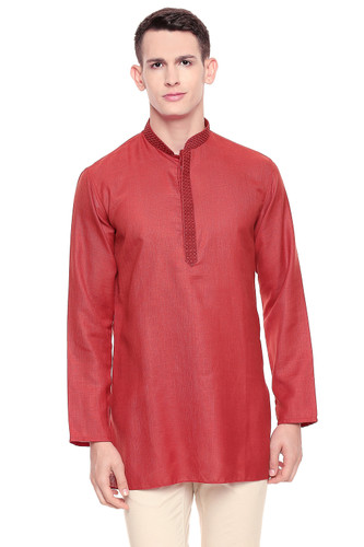 Shatranj Men's Indian Band Collar Classic Kurta Tunic With Embroidered Placket Red Shatranj Men's Indian Band Collar Classic Kurta Tunic With Embroidered Placket Red