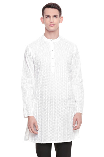 Men's  Indian Traditional Embroidered Mandarin collar Kurta Tunic: All Over White Diamond | Front view | In-Sattva Men's  Indian Traditional Embroidered Mandarin collar Kurta Tunic: All Over White Diamond | Front view | In-Sattva