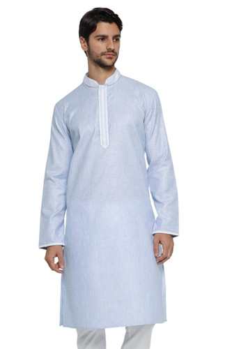 Ethnix Men's Banded Collar Solid Blue Textured with Embroidered Placket Long Kurta Tunic Ethnix Men's Banded Collar Solid Blue Textured with Embroidered Placket Long Kurta Tunic