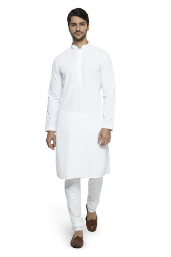 Ethnix Men's Mandarin Collar All-Over Chikaankari Embroidered  Kurta Pajama 2-piece set Ethnix Men's Mandarin Collar All-Over Chikaankari Embroidered  Kurta Pajama 2-piece set